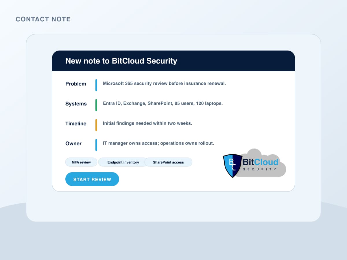 Anonymous first contact note with problem, systems, timeline, and owner fields