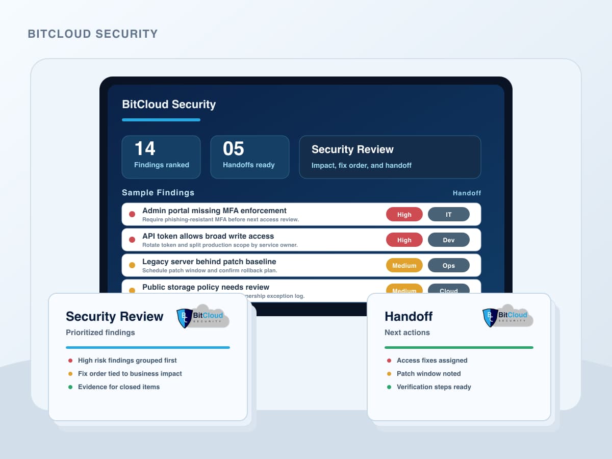 Anonymous workstation with security dashboard and review notes